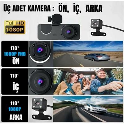 Üç Kameralı 1080 Full Hd G Sensör Özelikli Geri Görüşlü Araç İçi Kamera