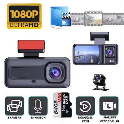 Üç Kameralı (Ön+İç+Arka) Araç içi Kamera Wifi Özellikli 1080P Ultra Hd