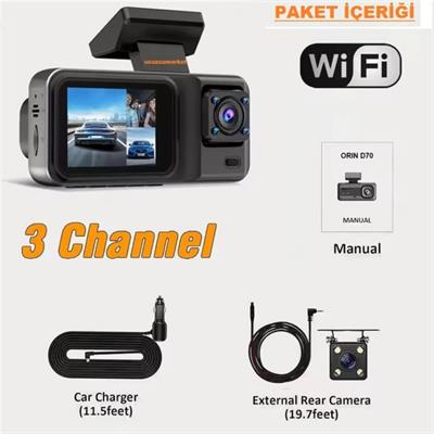 Üç Kameralı (Ön+İç+Arka) Araç içi Kamera Wifi Özellikli 1080P Ultra Hd