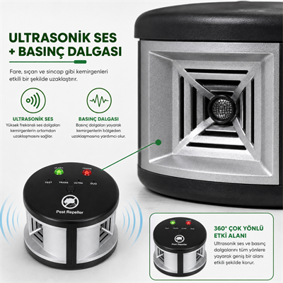 Ultrasonik Fare ve Kemirgen Uzaklaştırıcı 360 Derece Çok Yönlü Ses ve Basınç Dalgalı Elektrikli Haşere Kovucu