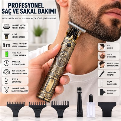 V085 Çizik Tıraş Şarj Edilebilir Profesyonel Tıraş Makinesi T Tipi Metal Bıçaklı Ense Favori ve Detay Saç Sakal Kesme Makinesi