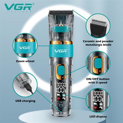 VGR V 695 Profesyonel Saç Sakal Tıraş Makinesi Şeffaf Gövdeli Seramik Bıçaklı Dijital Göstergeli 2600 mAh  Ayarlanabilir Kademeli Erkek Traş Makinesi