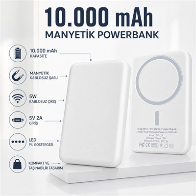 W08 10.000 mAh Manyetik Kablosuz Powerbank 5W Kablosuz Şarj Destekli Akıllı Pil Korumalı Taşınabilir Telefon Şarj Cihazı Magsafe Powerbank