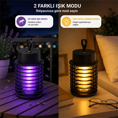 W6 Şarjlı Elektrikli Sinek Ve Sivrisinek Öldürücü UV Işıklı Lamba Askılı Masaüstü Kullanım Gece Lambalı Sarı Işıklı 2 Farklı Işık Modu