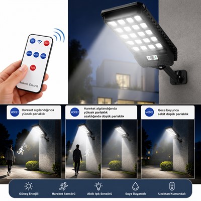 W7207 Solar Sokak Lambası Güneş Enerjili Hareket Sensörlü Uzaktan Kumandalı LED Dış Mekan Bahçe Aydınlatma Suya Dayanıklı