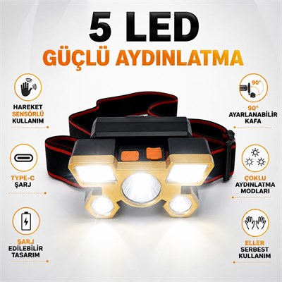 YC42 5 LED Sensörlü Şarjlı Kafa Feneri Type-C Şarjlı Hareket Sensörlü 90° Ayarlanabilir Çok Modlu Güçlü LED Kamp Outdoor Tamir Baş Feneri