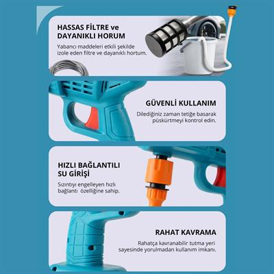 Yeni Model Çift Akülü Şarjlı Yüksek Basınçlı Oto Araba Bahçe Yıkama Ve Temizleme Tabancası Makinesi