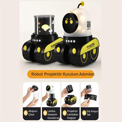 Yürüyen Robot Tasarımlı Gece Lambası Projektörü Bluetoothlu Şarjlı Hoparlör 6 Farklı Film Deniz Canlıları, Doğum Günü Konsepti, Gezegenler, Havai Fişek, Yıldız Gökyüzü