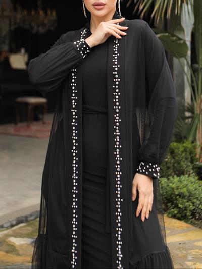 İncili Taşlı İkili Abaya Takım -Siyah