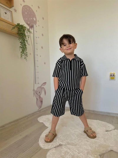 Çizgili Siyah Erkek Çocuk Şort  Takım
