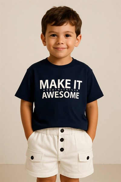 Lacivert Awesome Beyaz Şortlu Erkek Çocuk Takım