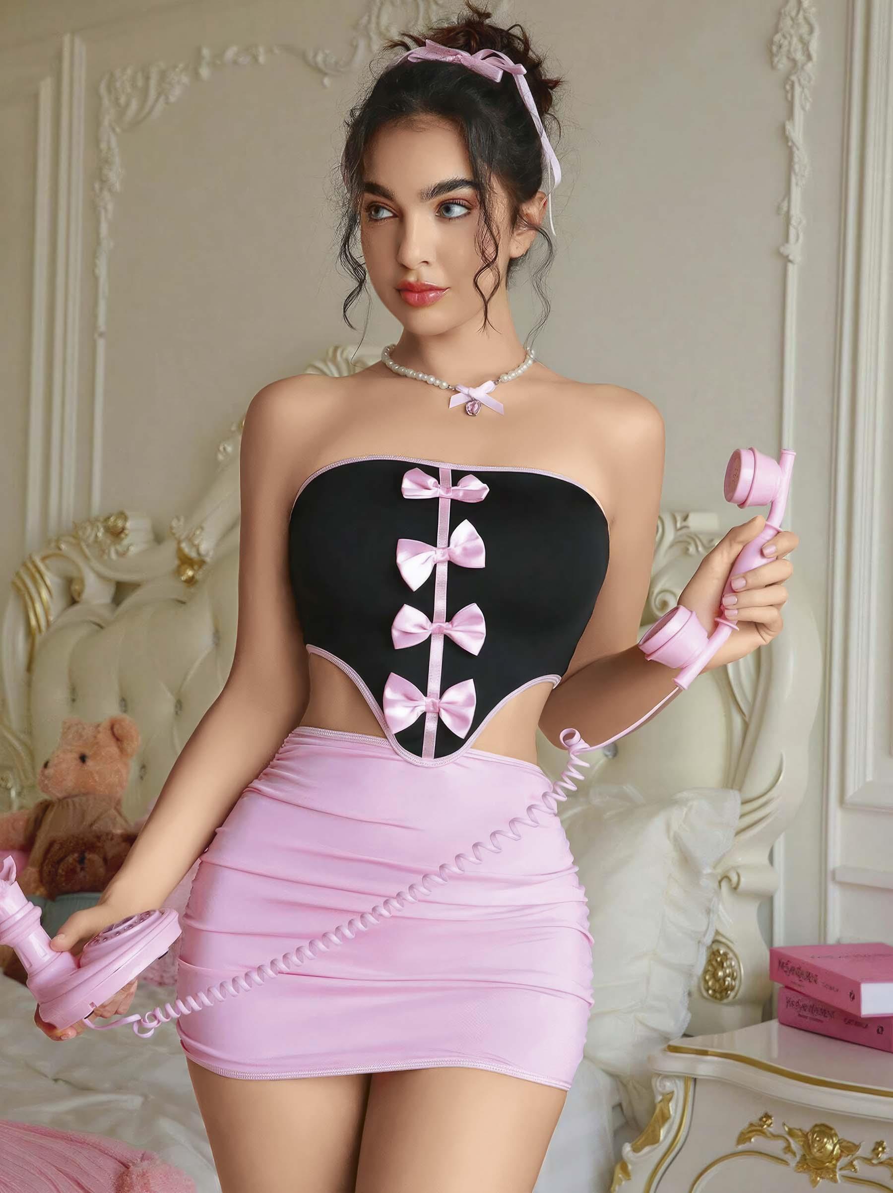 Kadın Pembe Etekli Fiyonk Detaylı Sexy Kostüm 8010