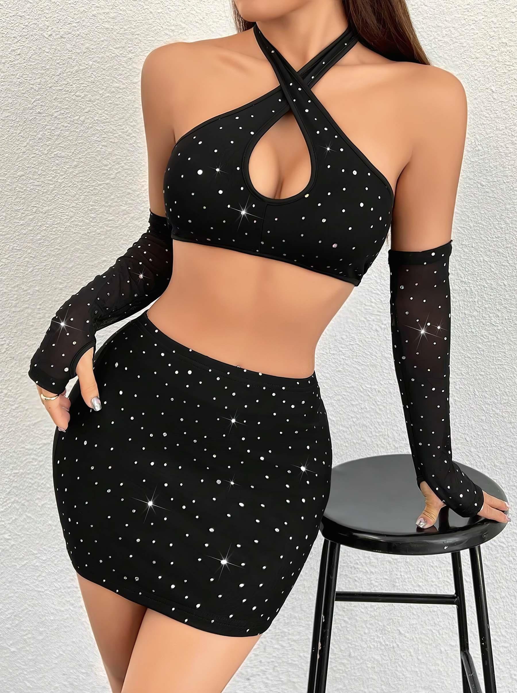 Siyah Seksi Elbise Zincirli Parlak 6668
