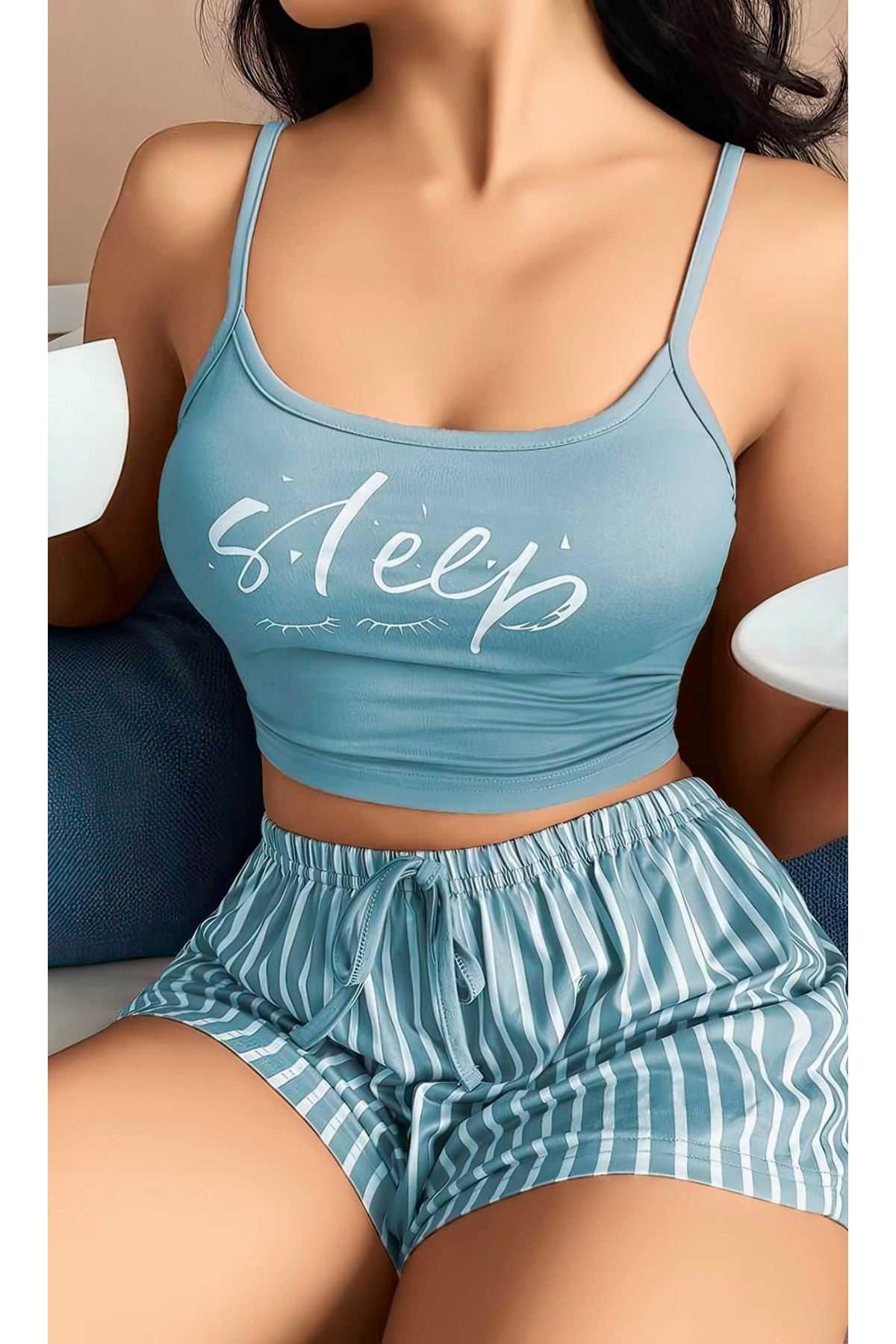Kadın bebe mavisi çizgili desen Askılı Şortlu Pijama Takım