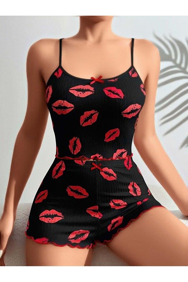 Kadın Siyah Dudak Desenli Şortlu Pijama Takımı 5057