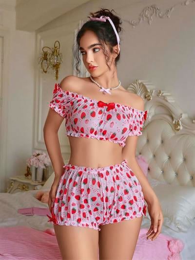 Kadın Pembe Çilek Desenli Fantezi Şort takım 2156