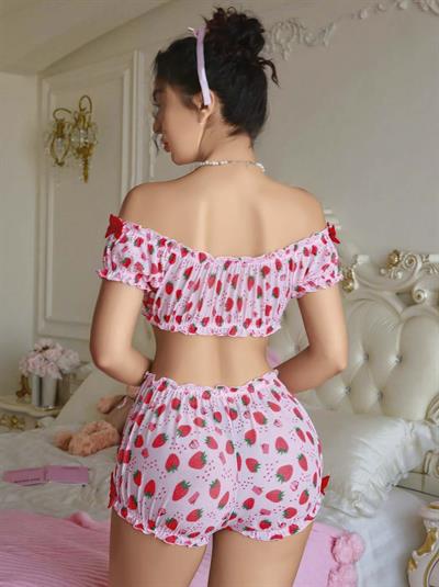 Kadın Pembe Çilek Desenli Fantezi Şort takım 2156