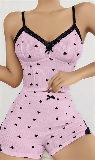 Kadın Pembe Kalp Desenli Askılı Şortlu Pijama Takım 5013
