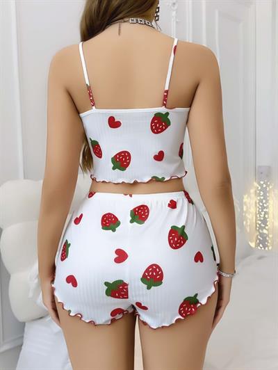 Kadın Beyaz Çilek desenli Şortlu Pijama Takımı 5053