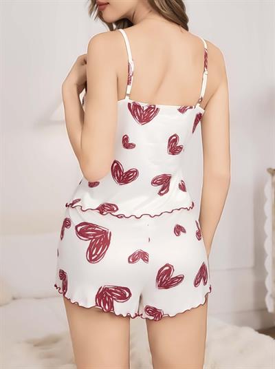 Kadın Beyaz Kalp desenli Şortlu Gecelik Pijama Takımı 5052