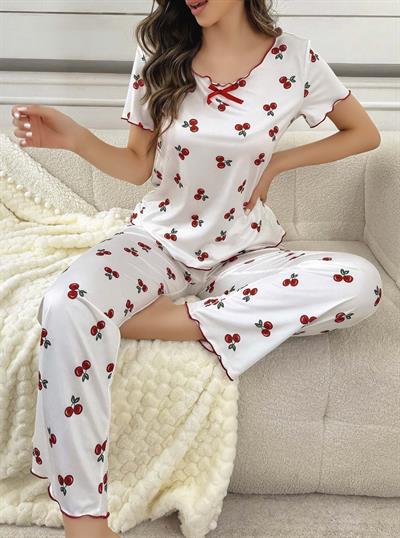 Kadın Beyaz Kiraz Desenli Kısa Kollu Yumuşak Pijama Takımı 5128