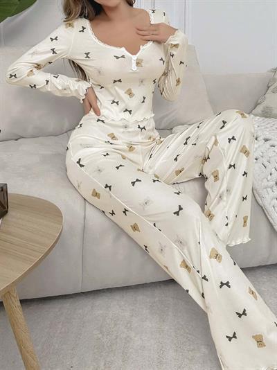Kadın Ekru Ayıcık ve Fiyonk Desenli Yumuşak Pamuklu Uzun Pijama Takımı 5129