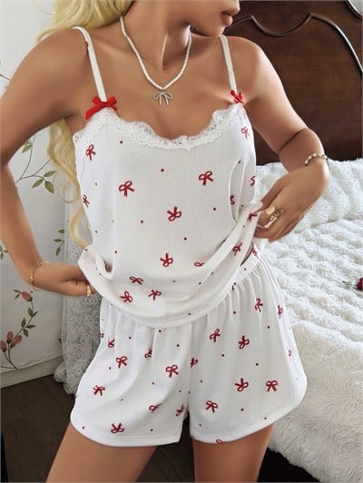 Kadın Ekru İnce Askılı Şortlu Pijama Takımı 5244