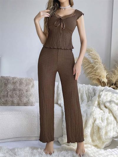 Kadın Kahverengi Kurdela Detaylı Yumuşak Pamuklu Uzun Pijama Takımı 5135