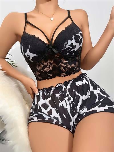 Kadın Siyah Leopar desenli Dantel detaylı Şortlu Gecelik Pijama Takımı 5055