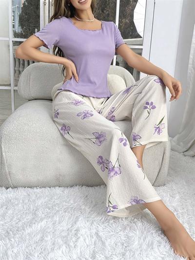 Kadın Mor Çiçek Desenli Yumuşak Pamuklu Uzun Pijama Takımı 5133