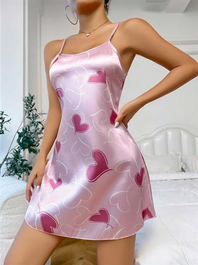 Kadın Pembe Saten Askılı fuşya kalp Desen baskılı Gecelik 2217