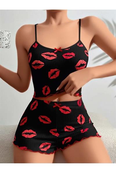 Kadın Siyah Dudak Desenli Şortlu Pijama Takımı 5057