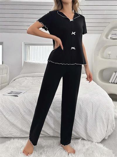 Kadın Siyah Fiyonk Detaylı Yumuşak Pamuklu Uzun Pijama Takımı 5130