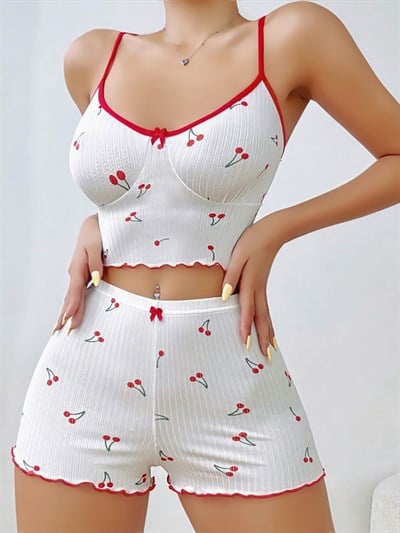 Kadın Vişne Desenli Dantel Askılı Şortlu Pijama Takımı 5193