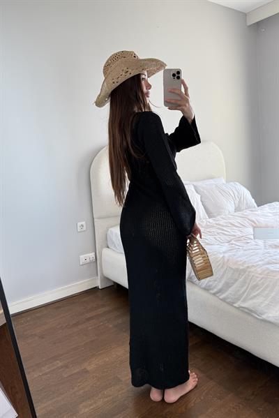  HALKA DETAYLLI SİYAH AJURLU ELBİSE