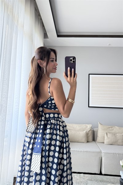 ASKILI BLUZ PUANTİYELİ ETEK TAKIM-MAVİ