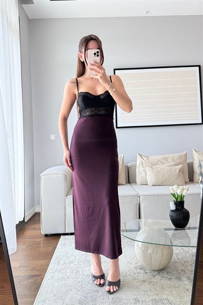 ASKILI DANTEL ELBİSE-BORDO