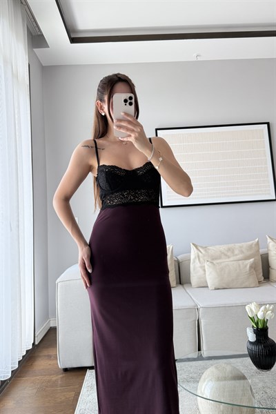 ASKILI DANTEL ELBİSE-BORDO