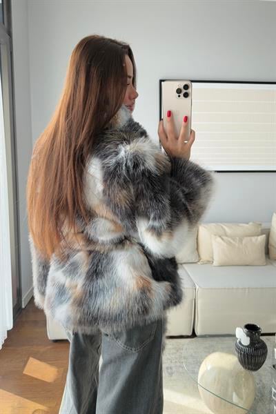 BATİK DESEN KUŞAKLI KÜRK-SİYAH CAMEL