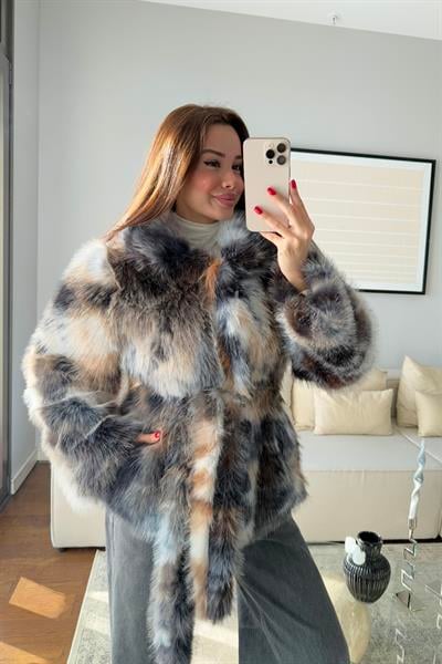 BATİK DESEN KUŞAKLI KÜRK-SİYAH CAMEL
