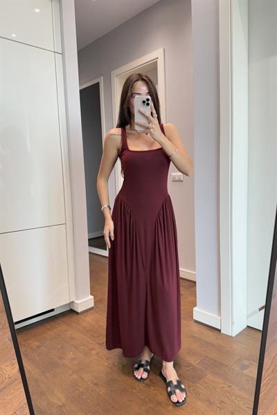 BEL DETAYLI BORDO TASARIM ELBİSE