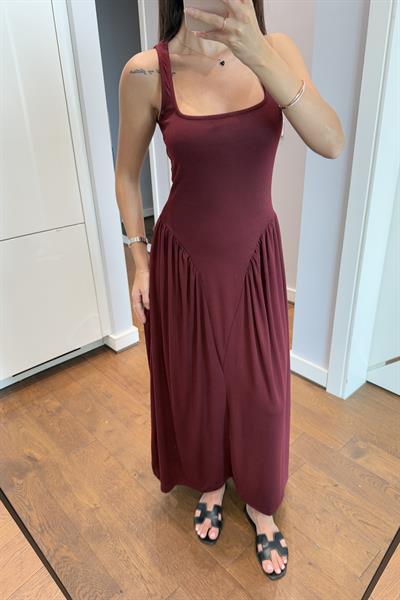BEL DETAYLI BORDO TASARIM ELBİSE