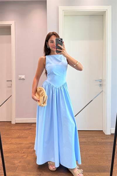 BEL DETAYLI TASARIM ELBİSE-BEBE MAVİSİ