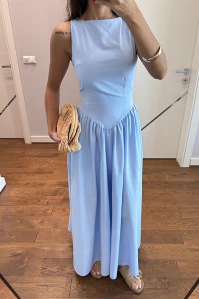 BEL DETAYLI TASARIM ELBİSE-BEBE MAVİSİ