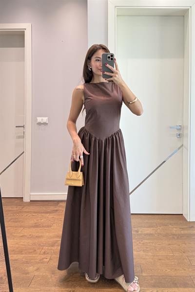 BEL DETAYLI TASARIM ELBİSE-KAHVE