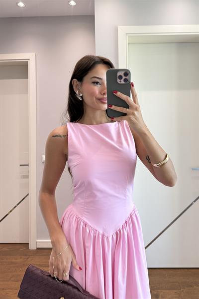 BEL DETAYLITASARIM ELBİSE-PEMBE