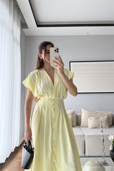 BELDEN BAĞLAMALI POPLİN ELBİSE-SARI