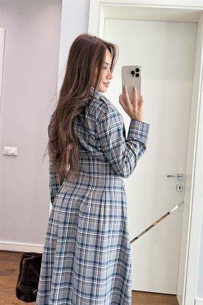 BELDEN OTURTMALI EKOSE ELBİSE-LACİVERT