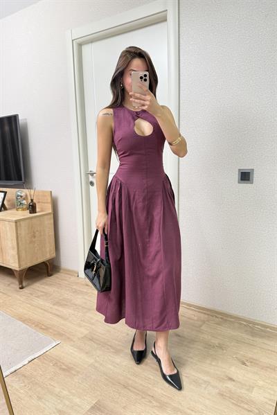 BORDO BEL YAKA DEKOLTELİ BELDEN OTURAN KETEN ELBİSE