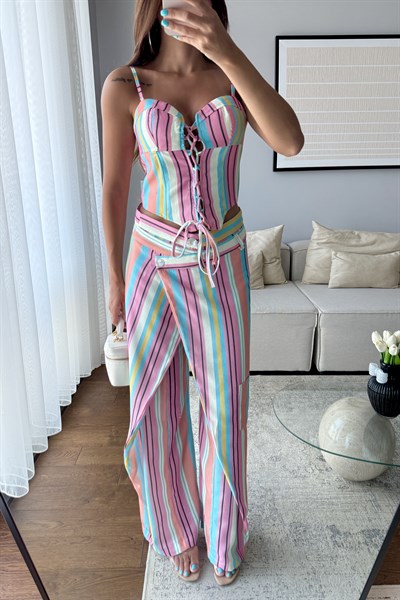 ÇİZGİLİ KETEN KORSE PANTOLON TAKIM